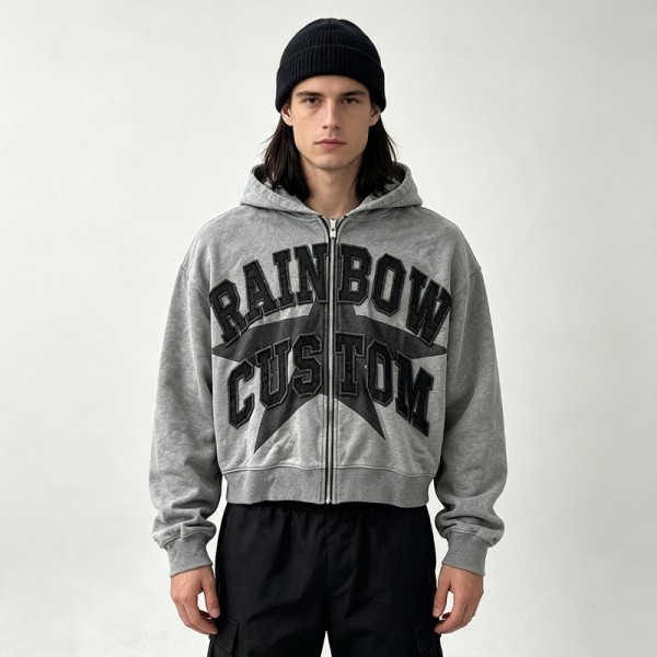 Vintage Washed Star Graphic Applique DTG Print Boxy Hoodie | Heavy cotton Varsity streetwear | OEM Streetwear