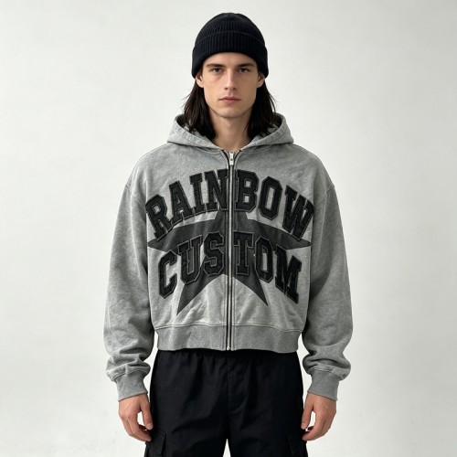 Vintage Washed Star Graphic Applique DTG Print Boxy Hoodie | Heavy cotton Varsity streetwear | OEM Streetwear