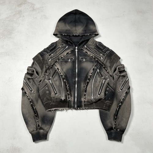 Vintage Washed Spray Dye Cropped Boxy Layered Zip Hoodie | Multi-Zipper Raw Edge | Gothic Biker Streetwear | Custom Streetwear