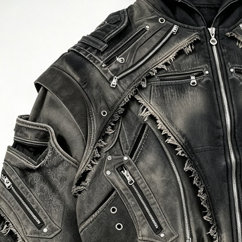 Vintage Washed Spray Dye Cropped Boxy Layered Zip Hoodie