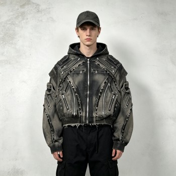 Vintage Washed Spray Dye Cropped Boxy Layered Zip Hoodie | Multi-Zipper Raw Edge | Gothic Biker Streetwear | Custom Streetwear