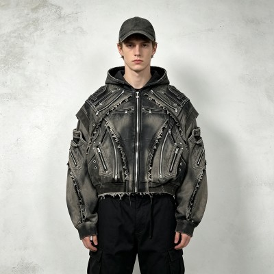 Vintage Washed Spray Dye Cropped Boxy Layered Zip Hoodie | Multi-Zipper Raw Edge | Gothic Biker Streetwear | Custom Streetwear