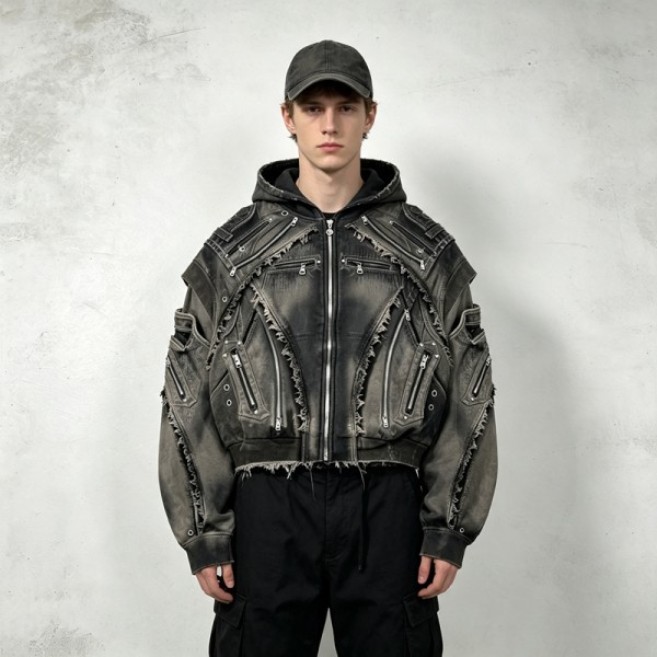 Vintage Washed Spray Dye Cropped Boxy Layered Zip Hoodie | Multi-Zipper Raw Edge | Gothic Biker Streetwear | Custom Streetwear