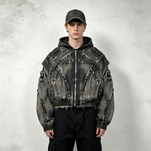 Vintage Washed Spray Dye Cropped Boxy Layered Zip Hoodie | Multi-Zipper Raw Edge | Gothic Biker Streetwear | Custom Streetwear