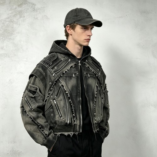 Vintage Washed Spray Dye Cropped Boxy Layered Zip Hoodie | Multi-Zipper Raw Edge | Gothic Biker Streetwear | Custom Streetwear