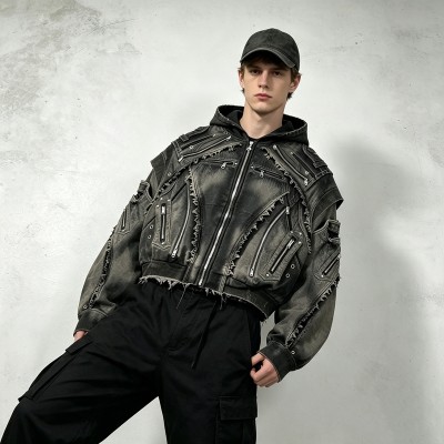 Vintage Washed Spray Dye Cropped Boxy Layered Zip Hoodie | Multi-Zipper Raw Edge | Gothic Biker Streetwear | Custom Streetwear