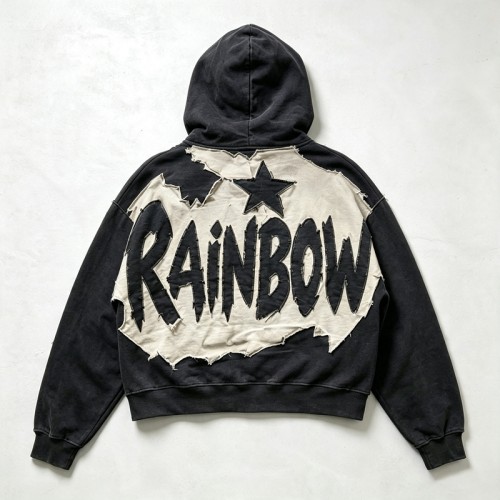 Vintage Washed Raw Edge Applique Boxy Cropped Hoodie | Letter Star Hooded Top | Grunge Streetwear | Streetwear Manufacturer