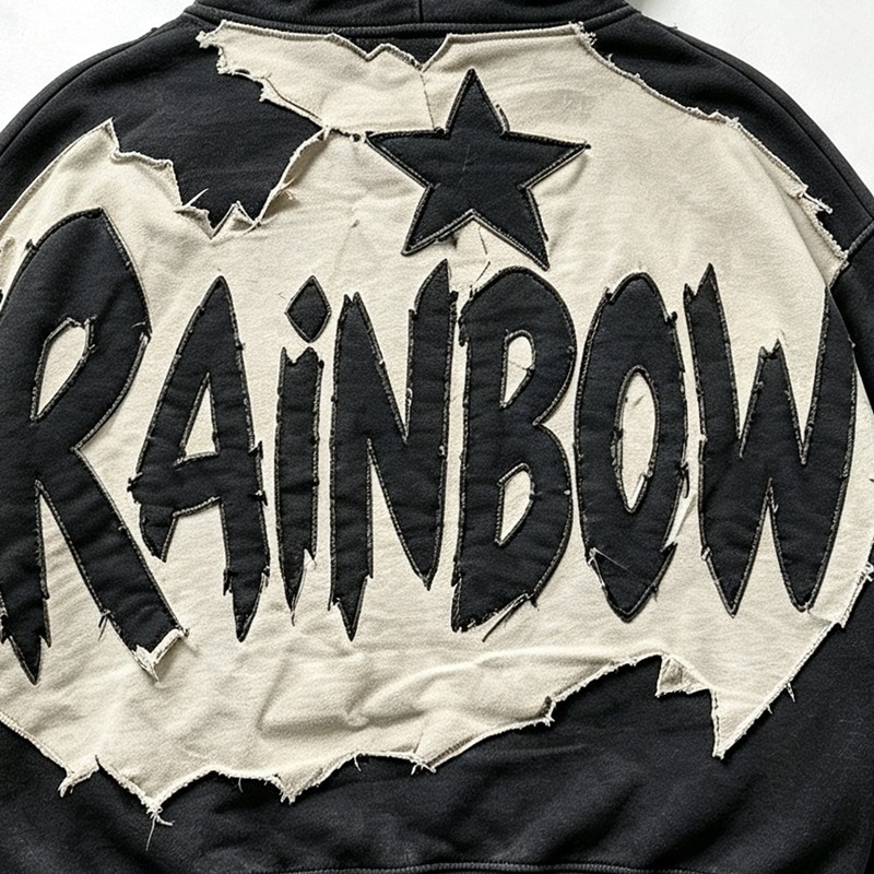Vintage Washed Raw Edge Applique Boxy Cropped Hoodie