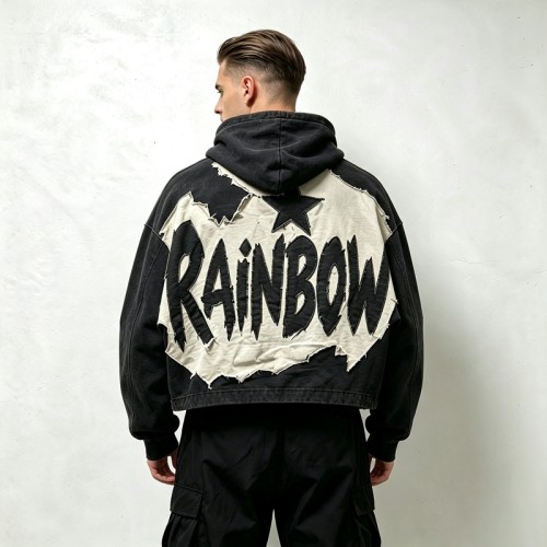 Vintage Washed Raw Edge Applique Boxy Cropped Hoodie | Letter Star Hooded Top | Grunge Streetwear | Streetwear Manufacturer