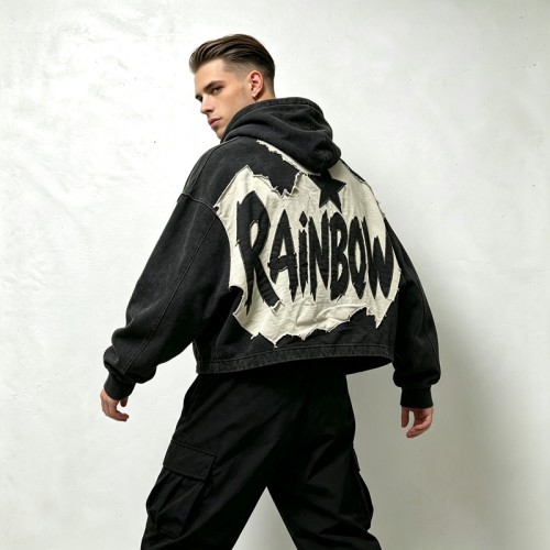Vintage Washed Raw Edge Applique Boxy Cropped Hoodie | Letter Star Hooded Top | Grunge Streetwear | Streetwear Manufacturer
