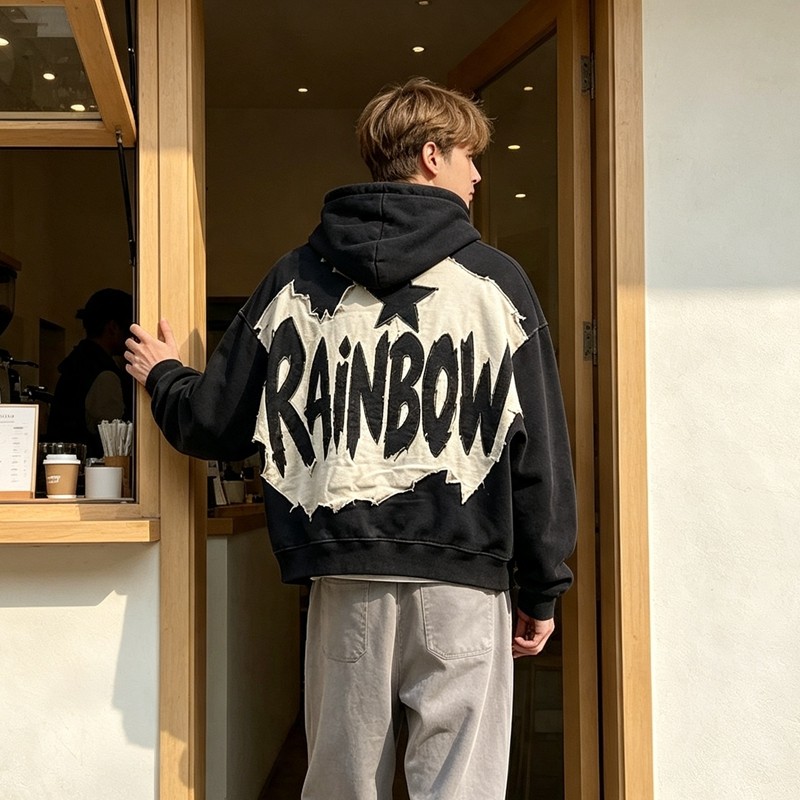 Vintage Washed Raw Edge Applique Boxy Cropped Hoodie