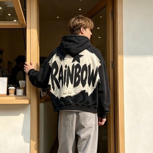 Vintage Washed Raw Edge Applique Boxy Cropped Hoodie | Letter Star Hooded Top | Grunge Streetwear | Streetwear Manufacturer
