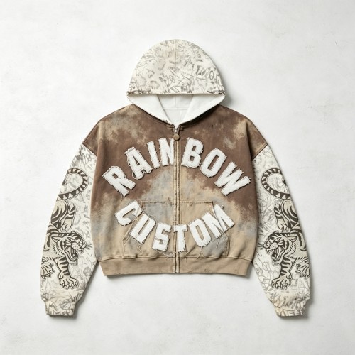 Vintage Spray Wash All Over Print Raw Edge Letter Applique Boxy Hoodie | Retro tiger streetwear | Clothing Manufacturer