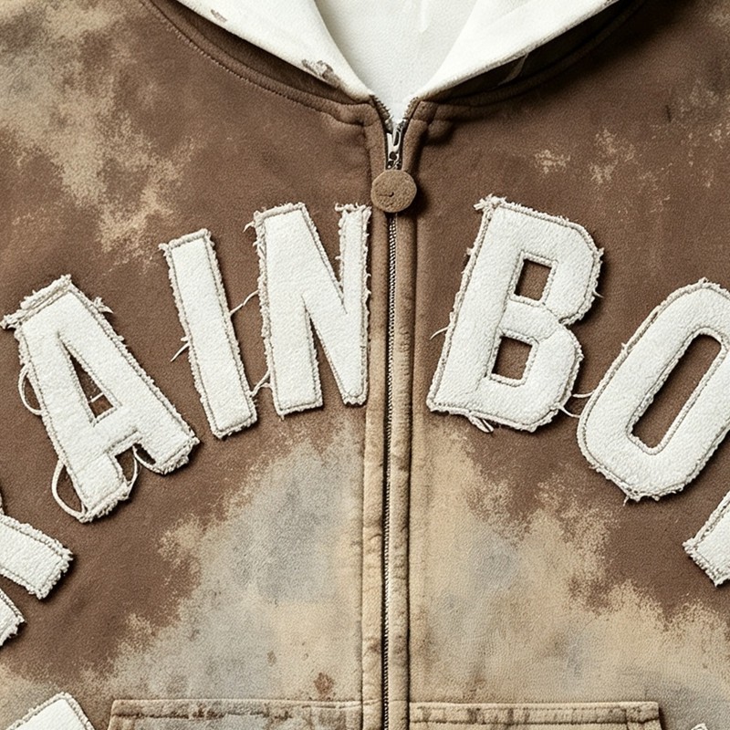 Vintage Spray Wash All Over Print Raw Edge Letter Applique Boxy Hoodie