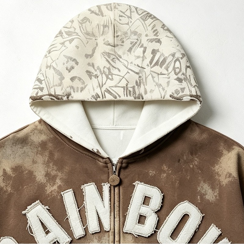 Vintage Spray Wash All Over Print Raw Edge Letter Applique Boxy Hoodie
