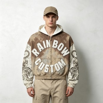 Vintage Spray Wash All Over Print Raw Edge Letter Applique Boxy Hoodie | Retro tiger streetwear | Clothing Manufacturer