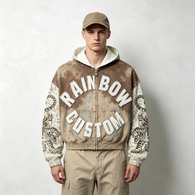 Vintage Spray Wash All Over Print Raw Edge Letter Applique Boxy Hoodie | Retro tiger streetwear | Clothing Manufacturer