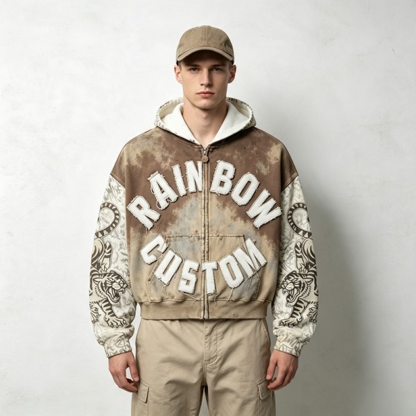 Vintage Spray Wash All Over Print Raw Edge Letter Applique Boxy Hoodie | Retro tiger streetwear | Clothing Manufacturer