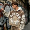 Vintage Spray Wash All Over Print Raw Edge Letter Applique Boxy Hoodie | Retro tiger streetwear | Clothing Manufacturer