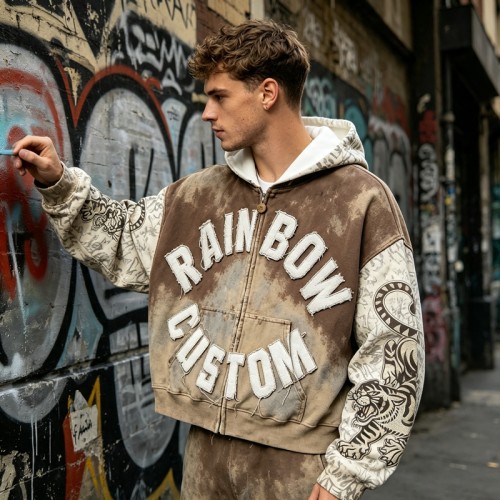 Vintage Spray Wash All Over Print Raw Edge Letter Applique Boxy Hoodie | Retro tiger streetwear | Clothing Manufacturer