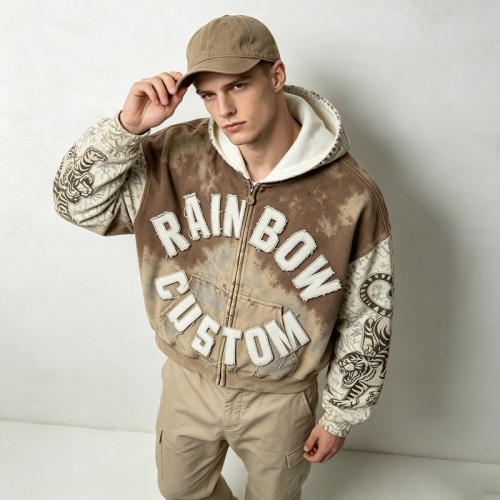 Vintage Spray Wash All Over Print Raw Edge Letter Applique Boxy Hoodie | Retro tiger streetwear | Clothing Manufacturer
