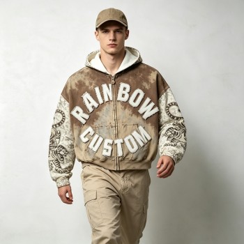 Vintage Spray Wash All Over Print Raw Edge Letter Applique Boxy Hoodie | Retro tiger streetwear | Clothing Manufacturer