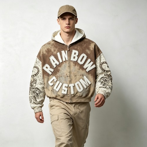 Vintage Spray Wash All Over Print Raw Edge Letter Applique Boxy Hoodie | Retro tiger streetwear | Clothing Manufacturer