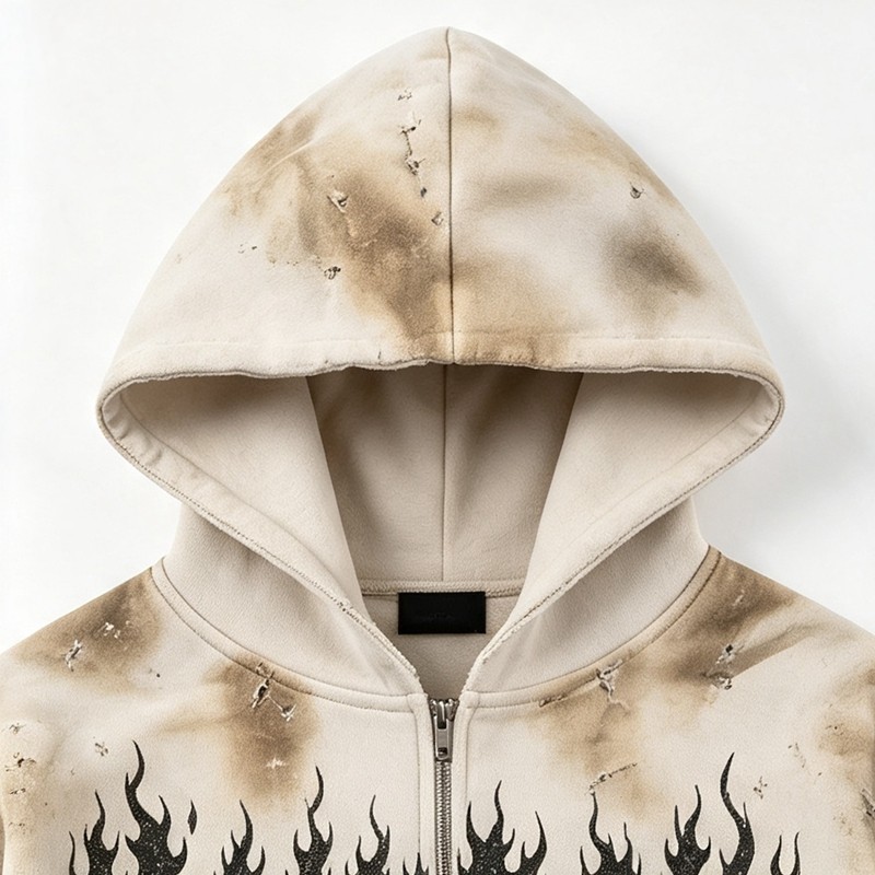 Boxy Hoodie with Vintage Spray Dye Washed Distressed Cracked Flame DTG Print