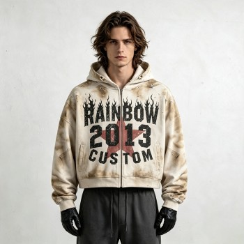 Boxy Hoodie with Vintage Spray Dye Washed Distressed Cracked Flame DTG Print | Y2K punk streetwear | OEM Streetwear