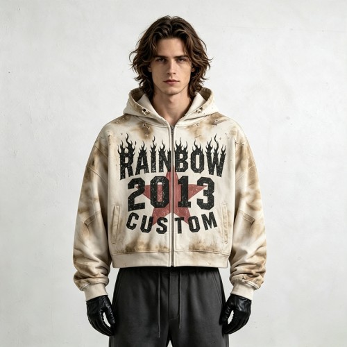 Boxy Hoodie with Vintage Spray Dye Washed Distressed Cracked Flame DTG Print | Y2K punk streetwear | OEM Streetwear