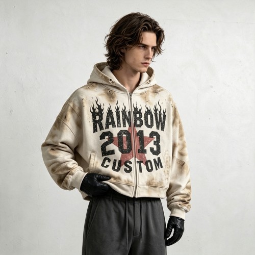 Boxy Hoodie with Vintage Spray Dye Washed Distressed Cracked Flame DTG Print | Y2K punk streetwear | OEM Streetwear