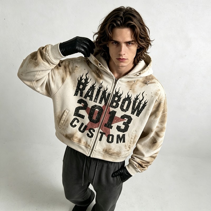 Boxy Hoodie with Vintage Spray Dye Washed Distressed Cracked Flame DTG Print