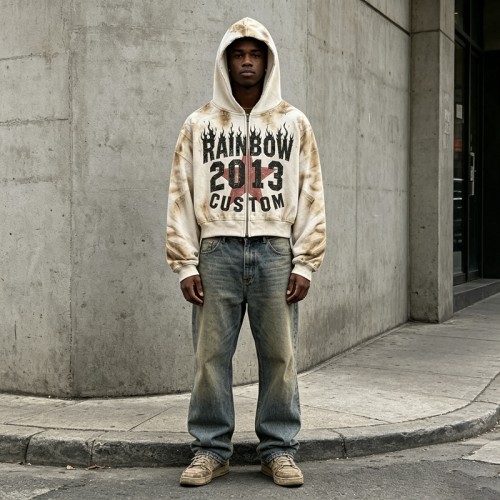 Boxy Hoodie with Vintage Spray Dye Washed Distressed Cracked Flame DTG Print | Y2K punk streetwear | OEM Streetwear