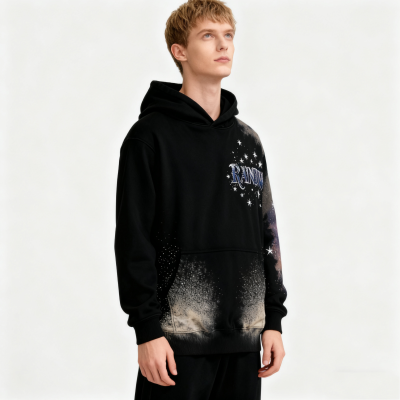 Men's Galactic Print Hoodie | Rhinestone + DTG | 100% Cotton | Streetwear Manufacturer