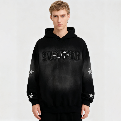 Men's Black Gradient Spray Hoodie | Spray + Rhinestones + Applique | Custom Streetwear Manufacturer