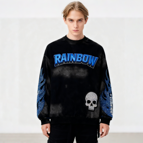 Skull Flame Hoodie Men | Spray + Embroidery + Rhinestone | Street Fashion | Custom Clothing