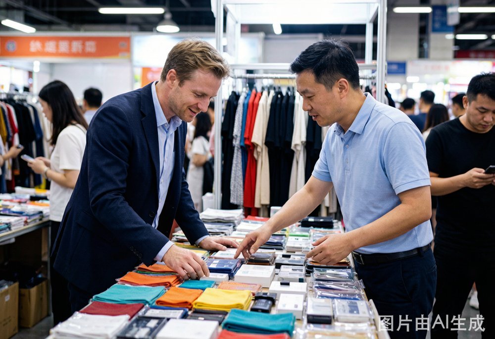 A buyer and local agent moving efficiently between categorized sections of the market.
