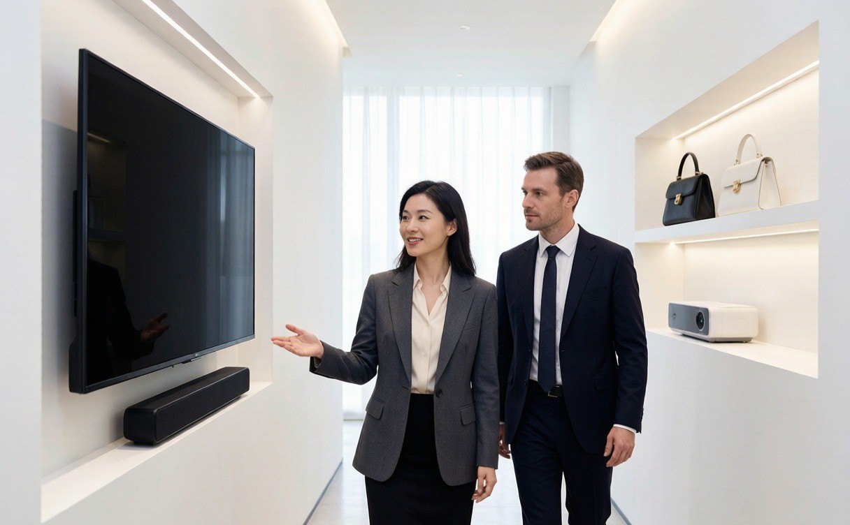 A buyer and local agent moving efficiently between categorized sections of the market.
