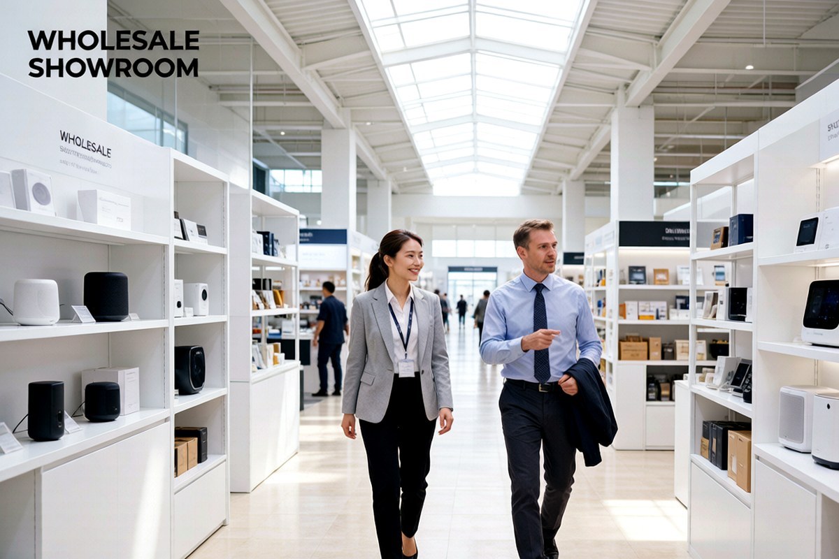 A buyer and local agent moving efficiently between categorized sections of the market.