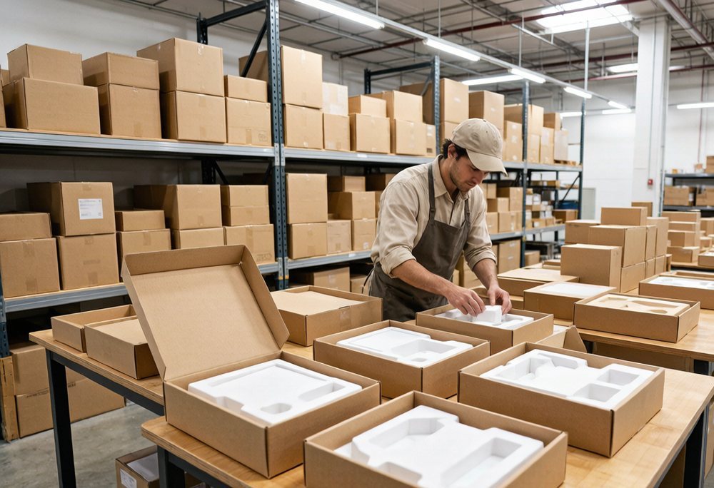Boxed inventory staged for FBA shipment after a vetted factory run.