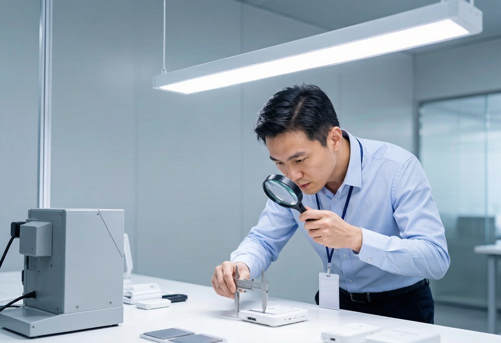 A quality inspector checking units against the approved spec before FBA shipment.