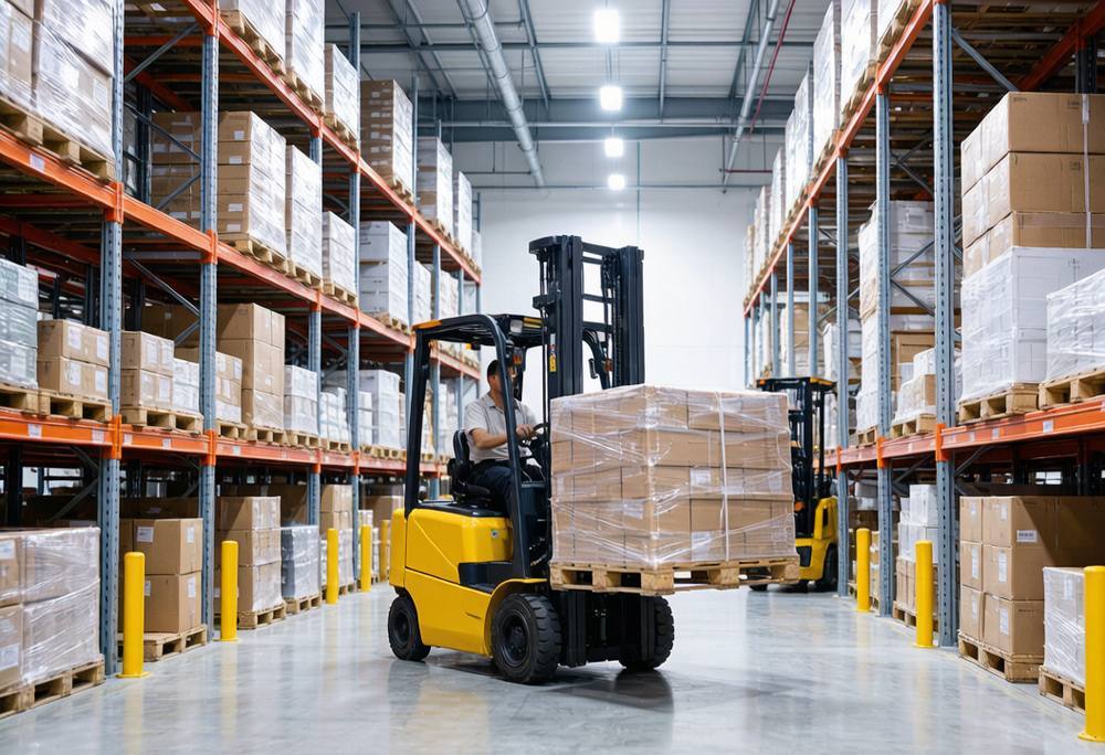 Palletized FBA inventory prepared and labeled for fulfillment-center inbound.