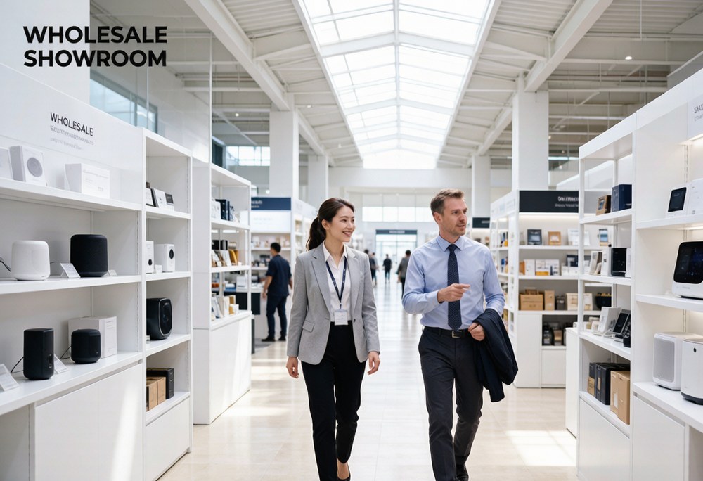 A buyer and local agent moving efficiently between categorized sections of the market.