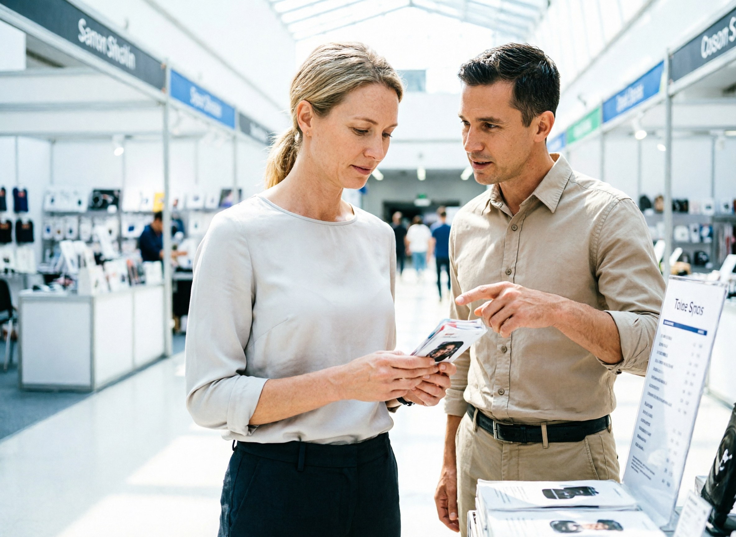 A buyer holding a product sample while a booth owner points at a price list