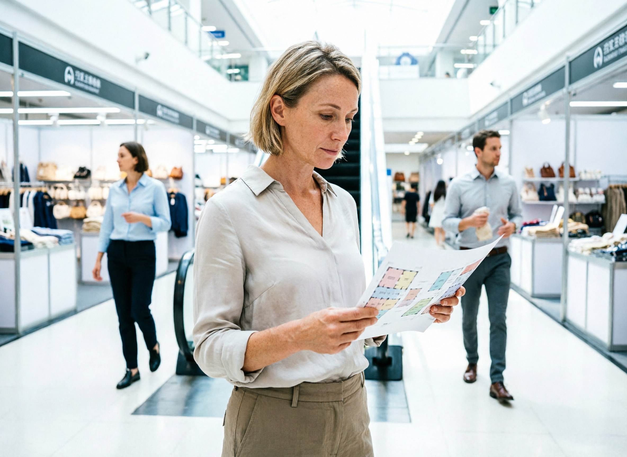 A buyer studying a printed market floor plan near an escalator