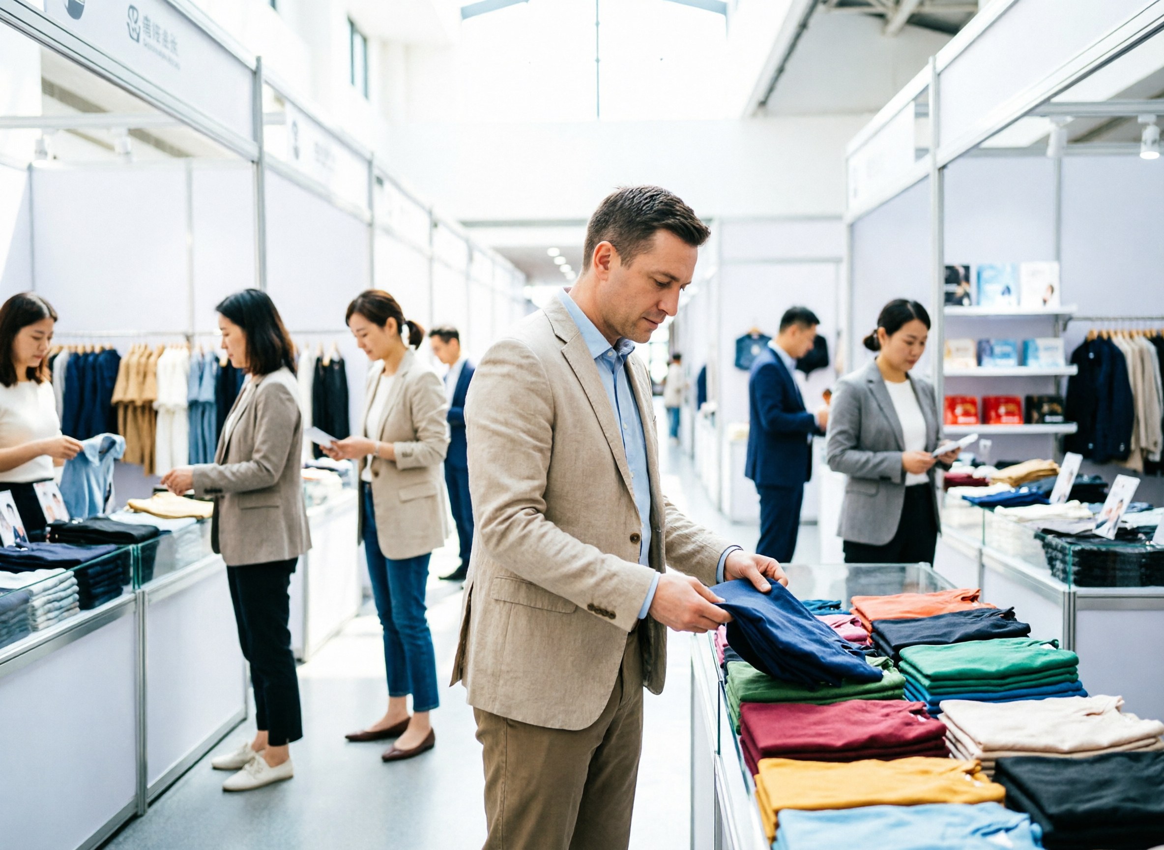 A buyer selecting several colour variants from a booth display