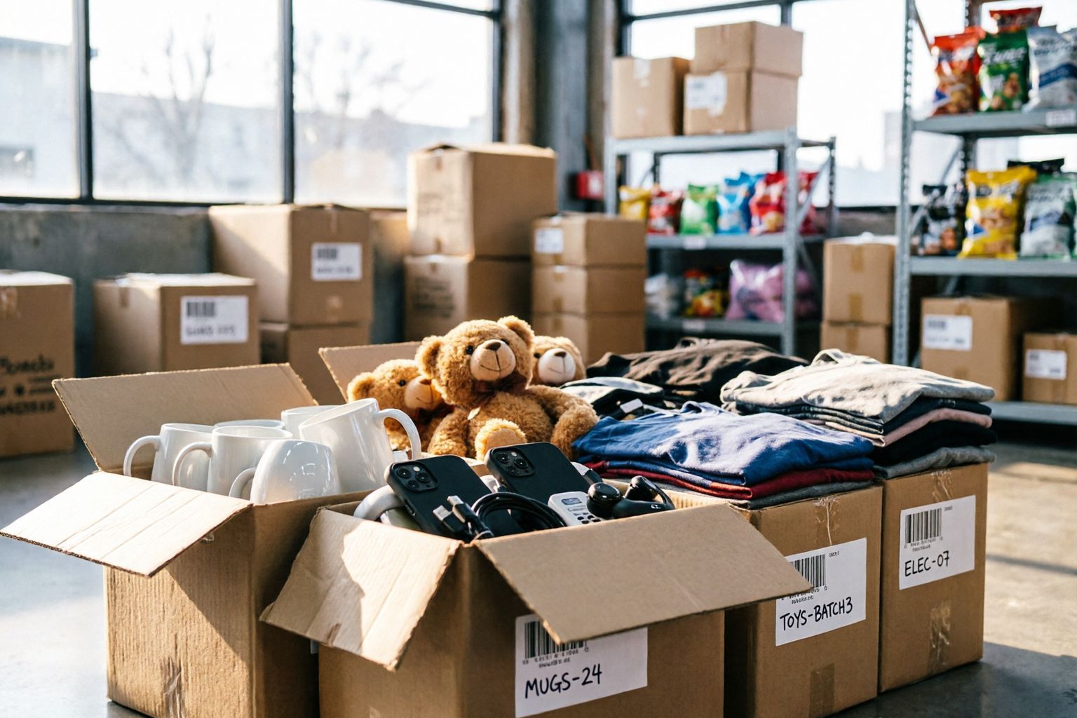 A small mixed order of goods boxed and labelled for one buyer