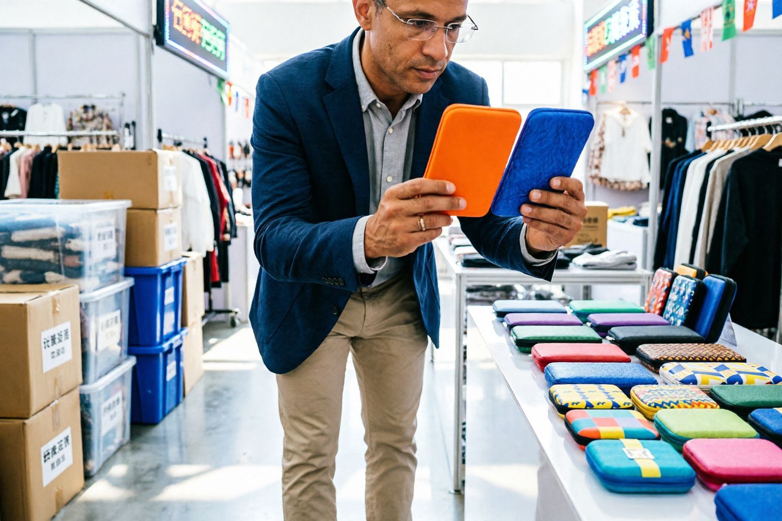A buyer selecting several colour variants from a booth display
