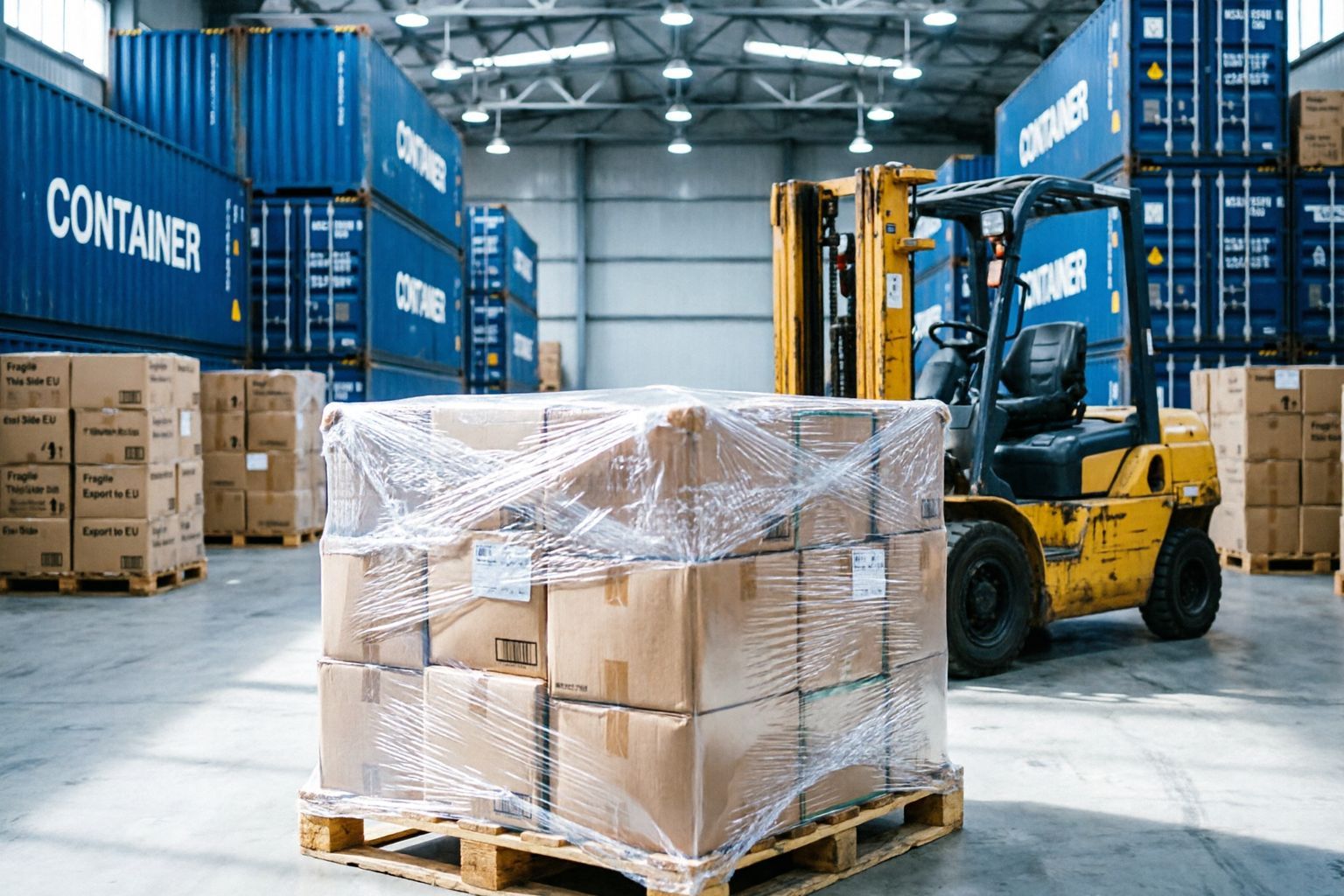 A single wrapped pallet of consolidated goods ready for export