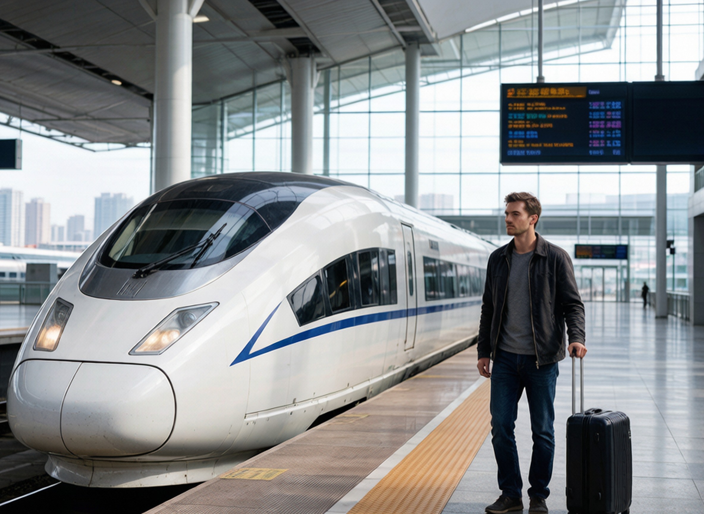 A high-speed train at a modern Chinese railway station platform
